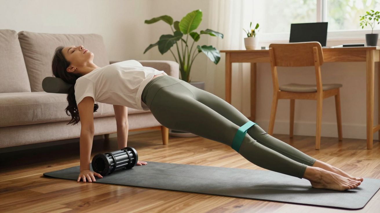Mulher fazendo exercício com faixa de resistência em sala de estar, apoiada em um rolo de espuma, em um tapete de ioga.