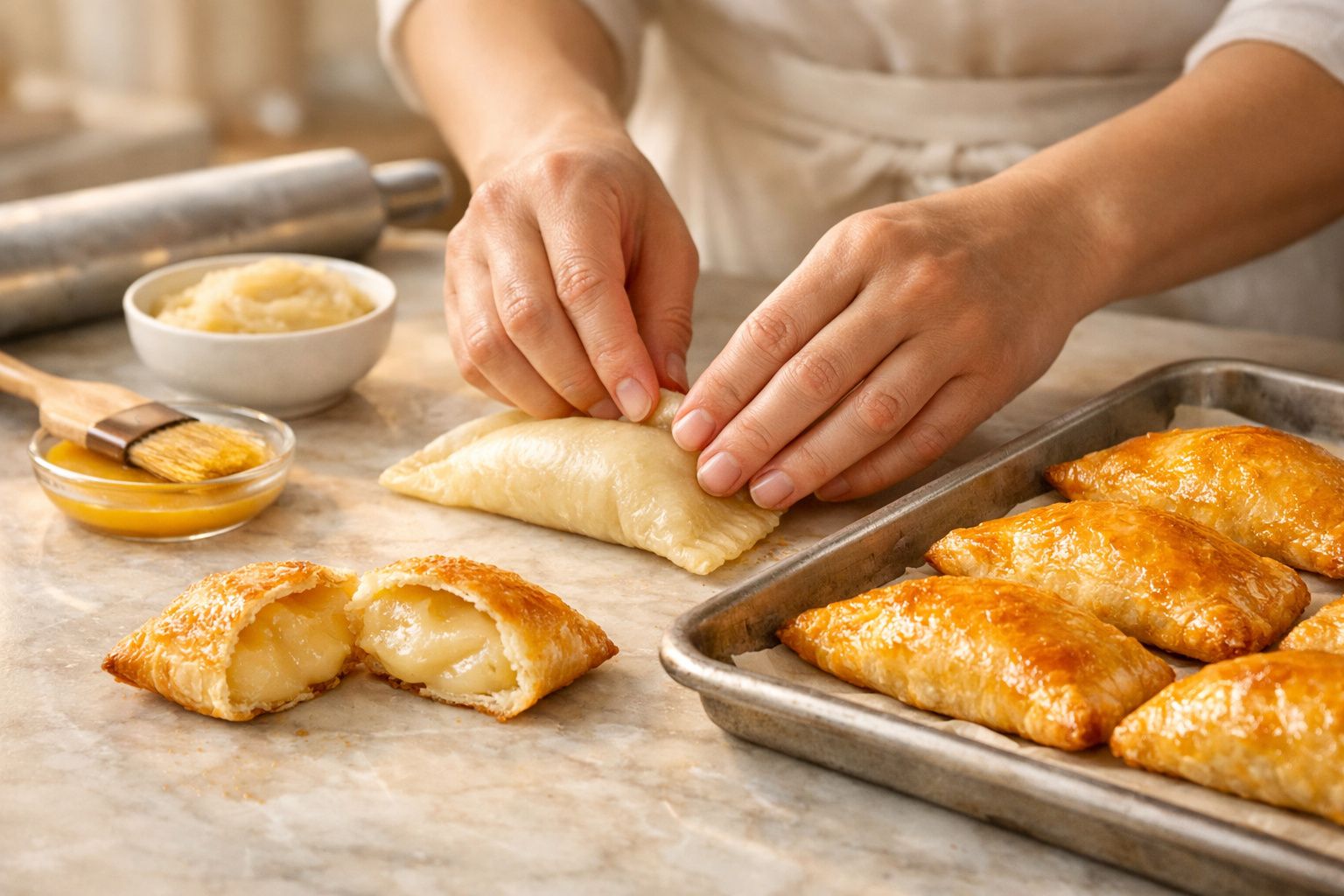 Mão preparando pastéis de queijo em uma mesa com ingredientes e uma bandeja de pastéis assados.