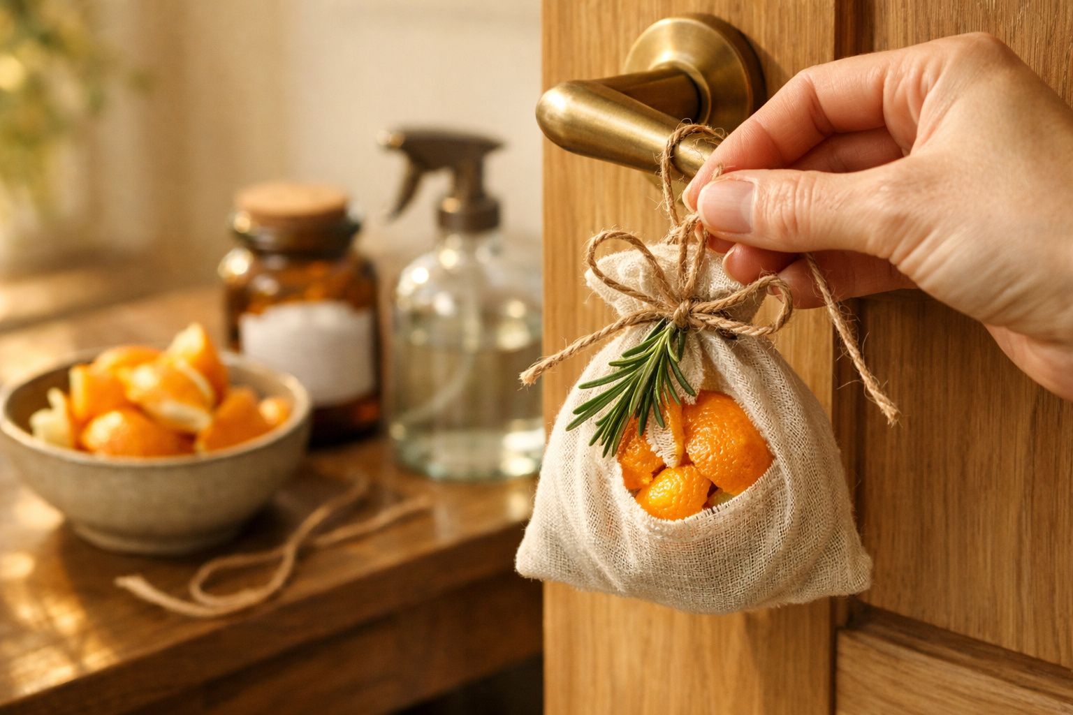 Mãos amarrando um saquinho de tecido com cascas de frutas cítricas em maçaneta de porta dourada.