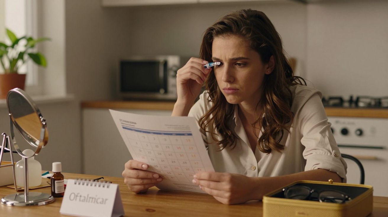 Mulher sentada à mesa, segurando colírio e lendo papel, com espelho, calendário e óculos ao redor.