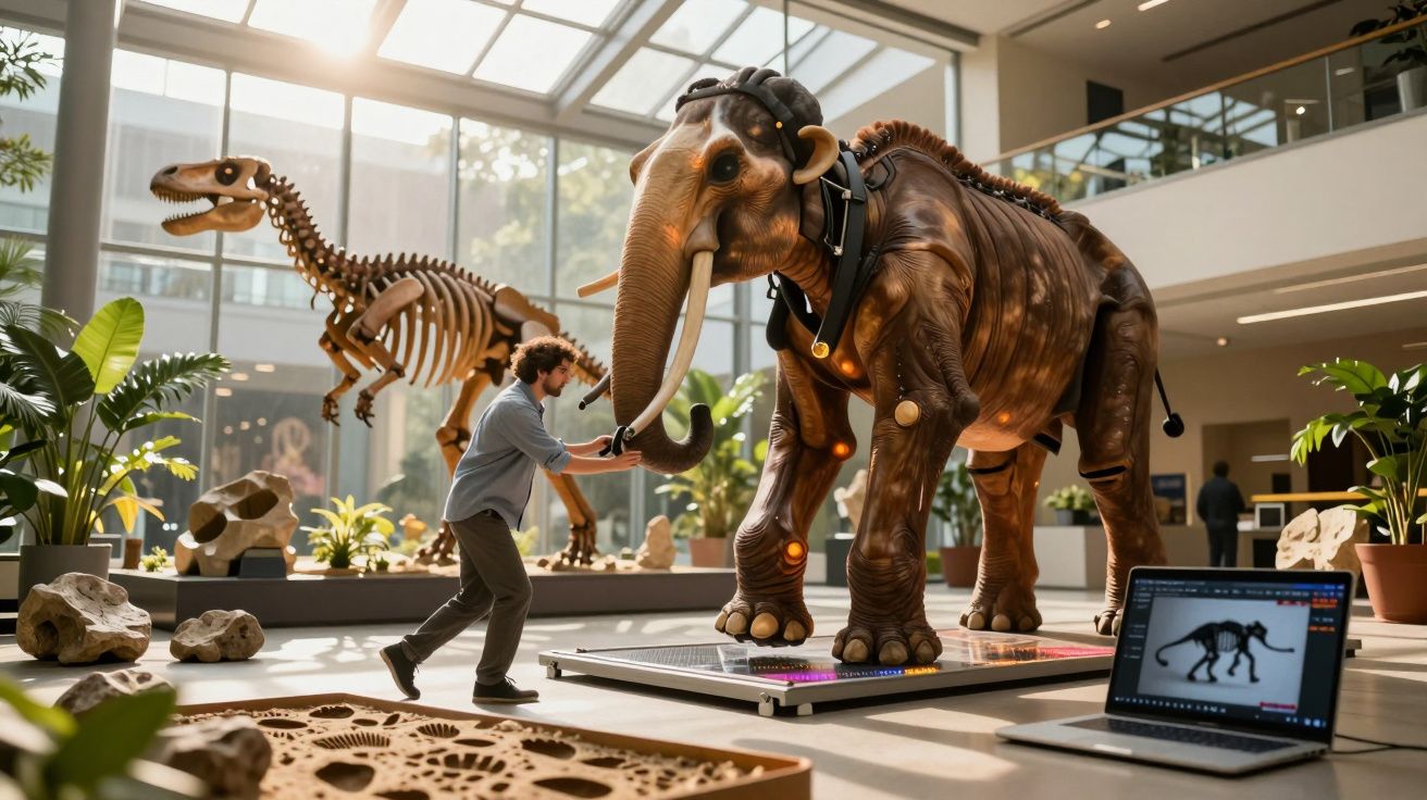Homem interage com mamute animatrônico em laboratório, esqueleto de dinossauro ao fundo e laptop à direita.