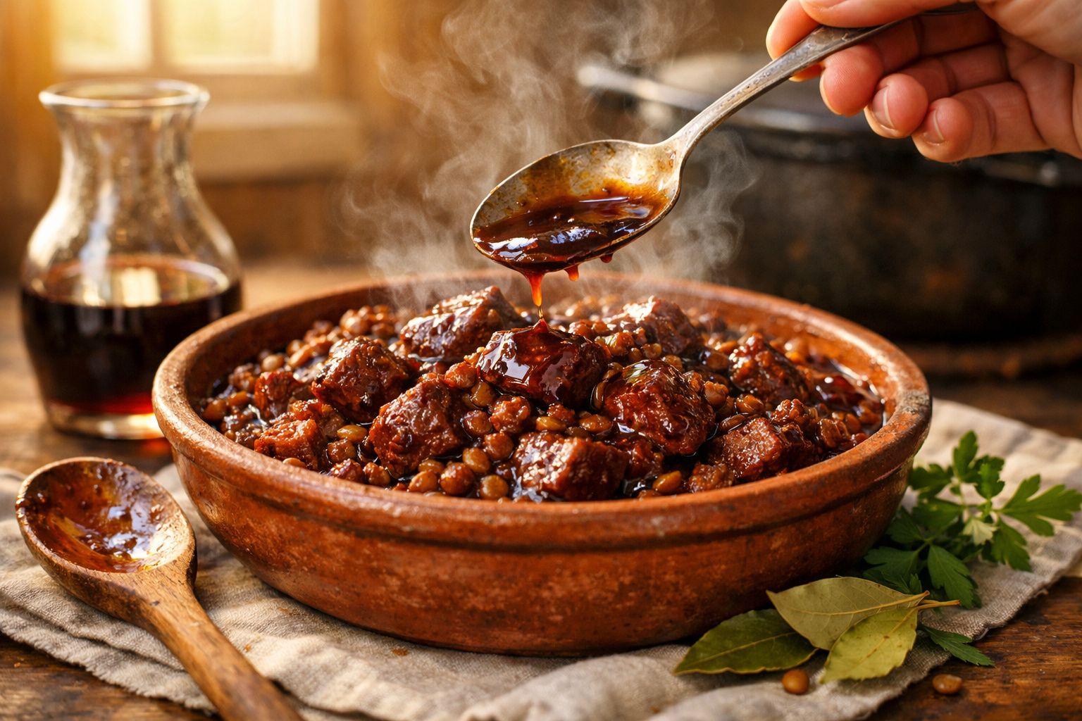 Ensopado de carne em tigela, com molho sendo servido. Pão, vinho e ingredientes frescos ao fundo.