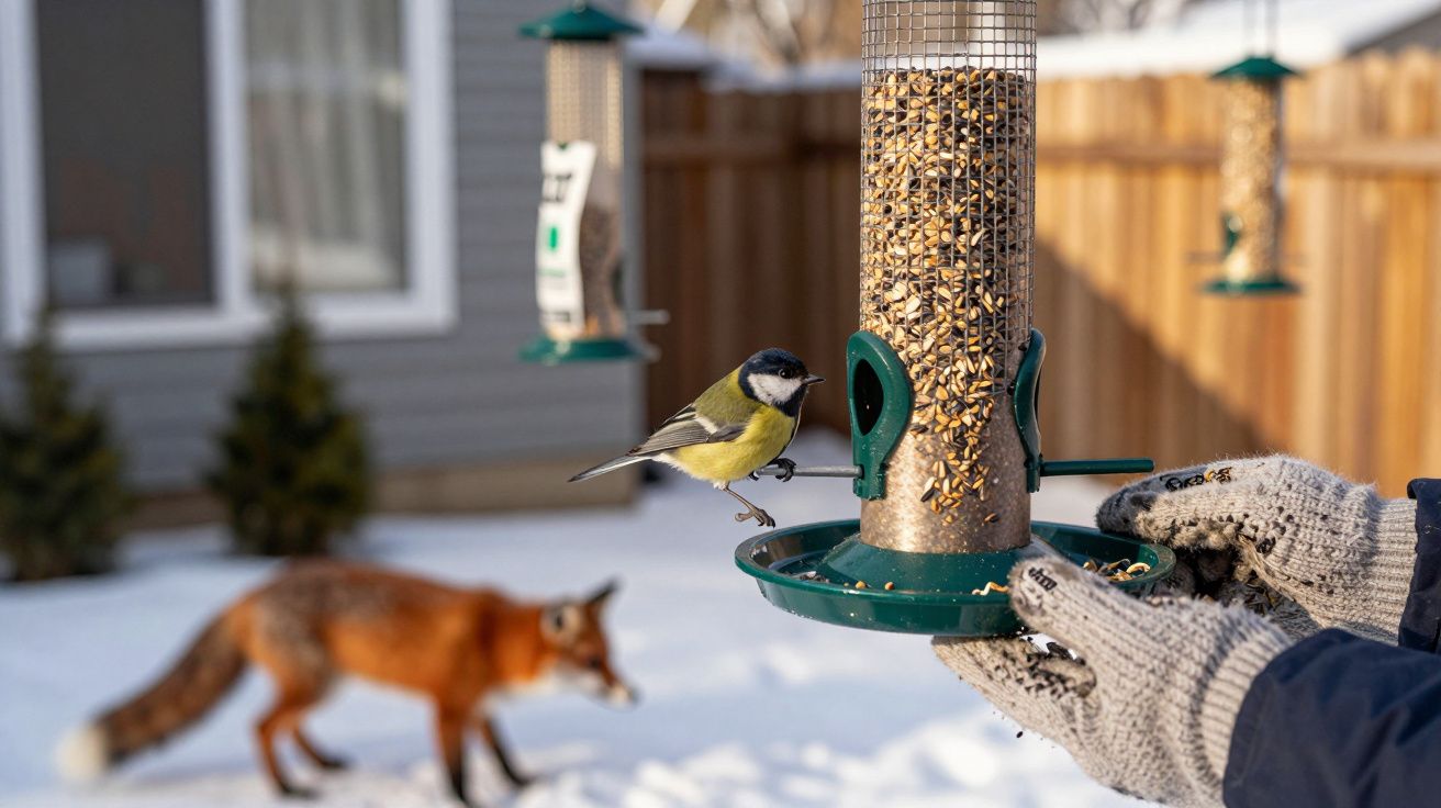 Pessoa com luvas segurando comedouro de pássaros, com uma ave pousada e uma raposa caminhando ao fundo na neve.