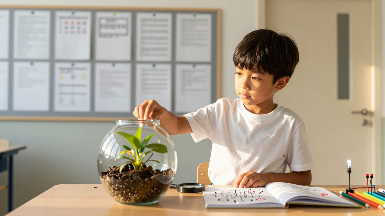 Criança observa planta em terrário de vidro sobre mesa, com livro aberto e lápis ao lado, em sala de aula iluminada.