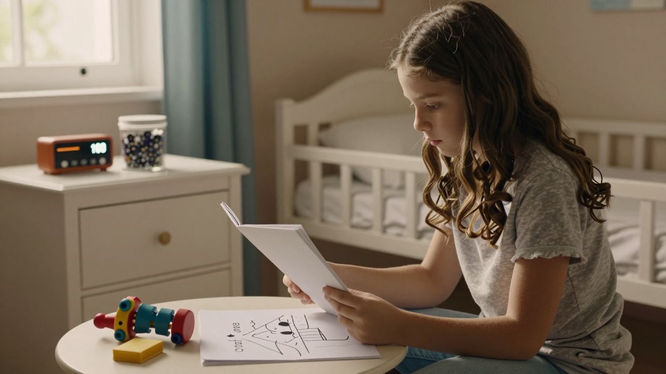 Menina sentada em quarto lendo caderno sobre mesa branca com brinquedos e despertador.