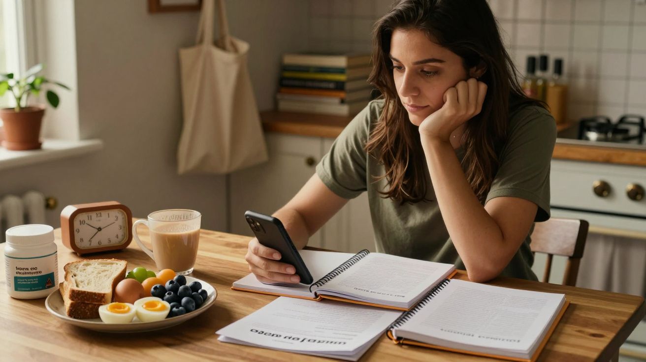 Mulher sentada à mesa de madeira com café da manhã, olhando o celular, livros abertos à frente, em cozinha iluminada.