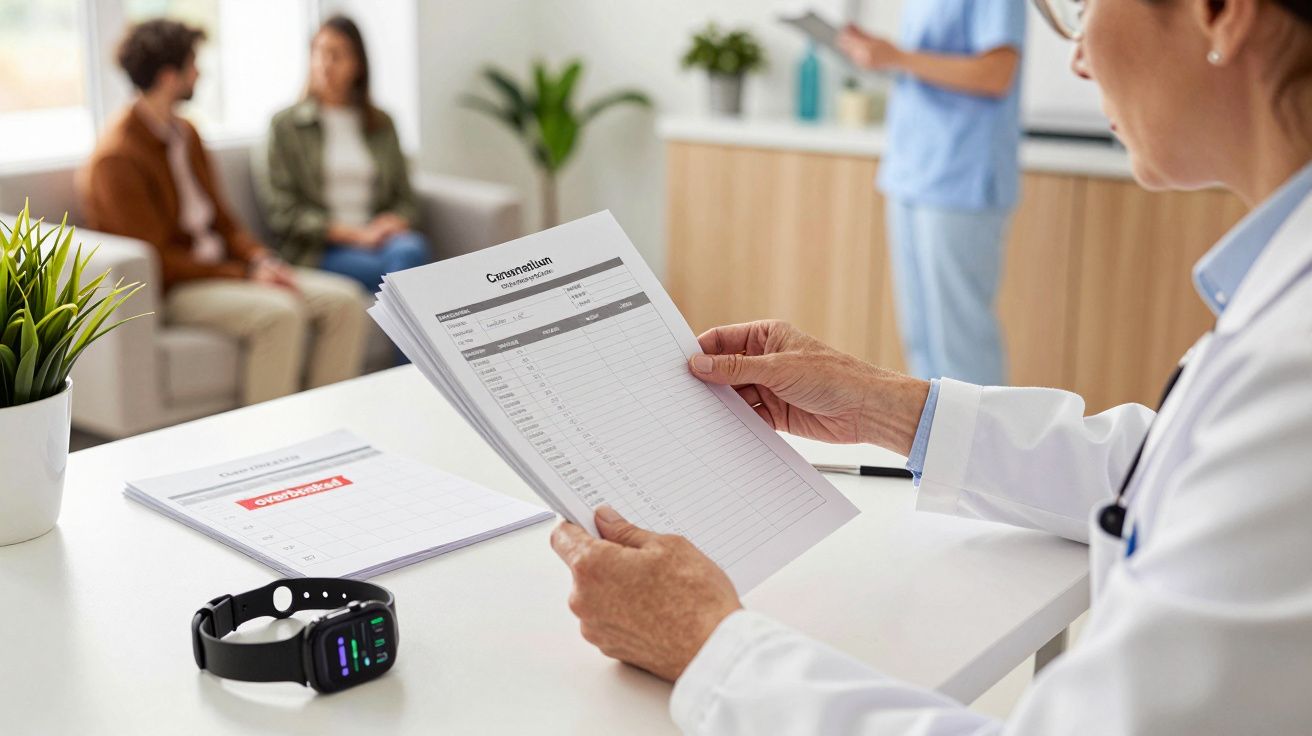 Médico revisando relatórios em um consultório, enquanto pacientes aguardam em segundo plano.