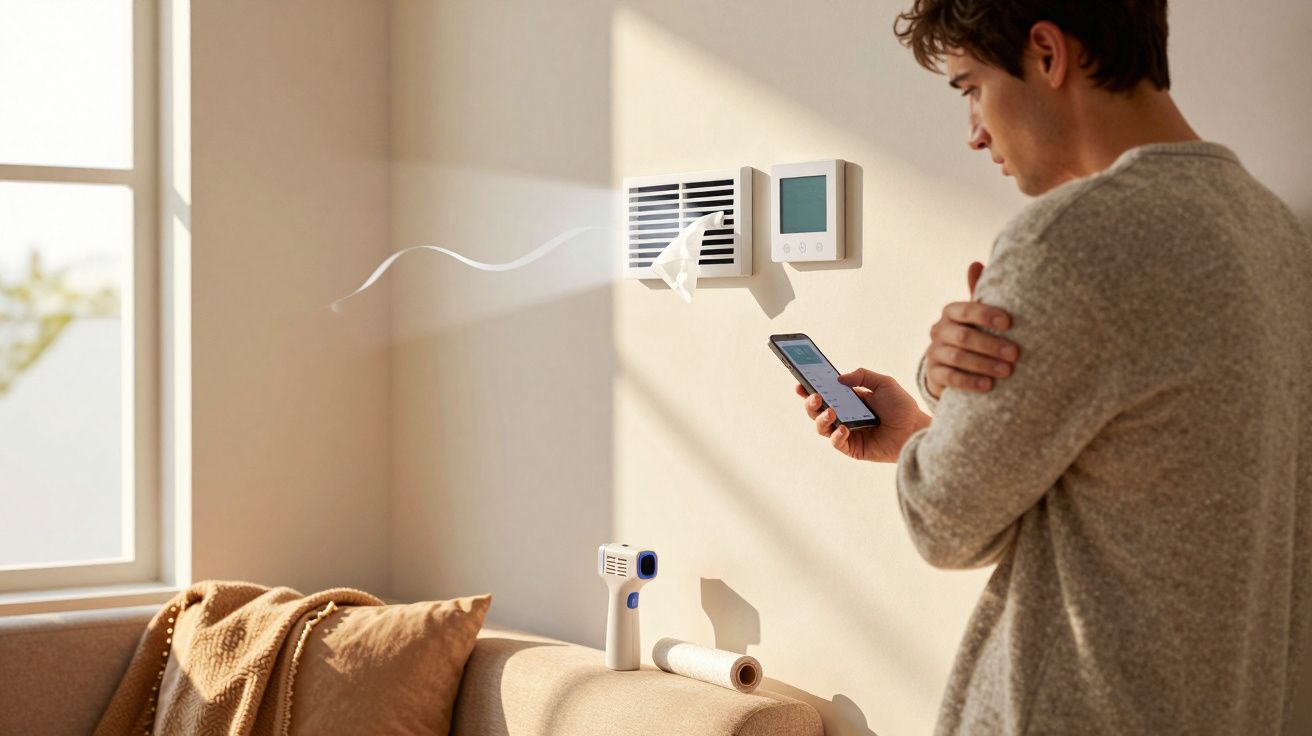 Homem usando smartphone próximo a termostato na parede, lenço preso na grade do aparelho, sofá e janela ao fundo.