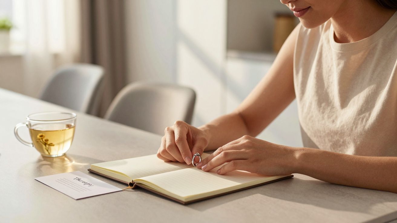 Mulher folheando caderno em uma mesa com xícara de chá e cartão, iluminada por luz natural suave.