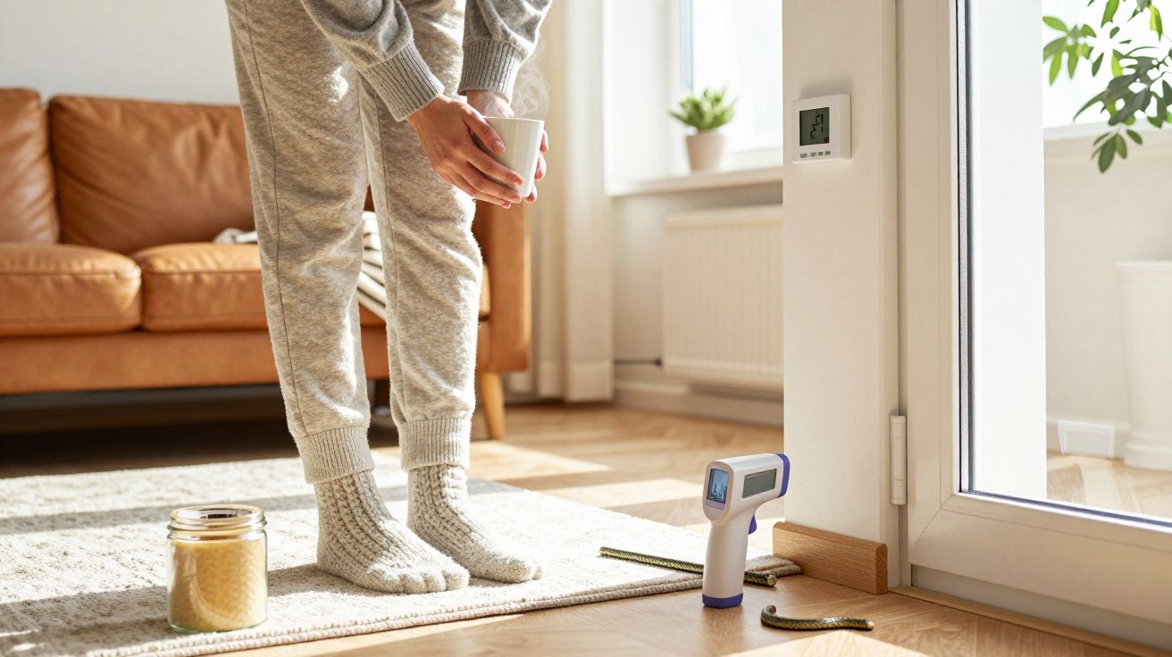 Pessoa de pijama segurando xícara ao lado de termômetro infravermelho no chão de sala iluminada.
