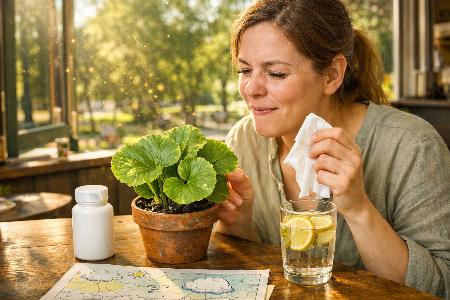 Mulher sorrindo ao lado de uma planta em vaso, segurando lenço, com copo de água e limão e frasco sobre a mesa.
