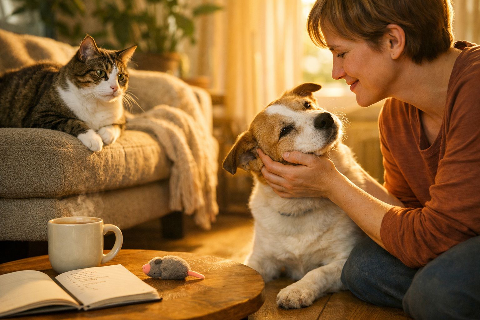 Mulher alimenta cachorro em sala aconchegante, com gato observando, espelho e sofá ao fundo.