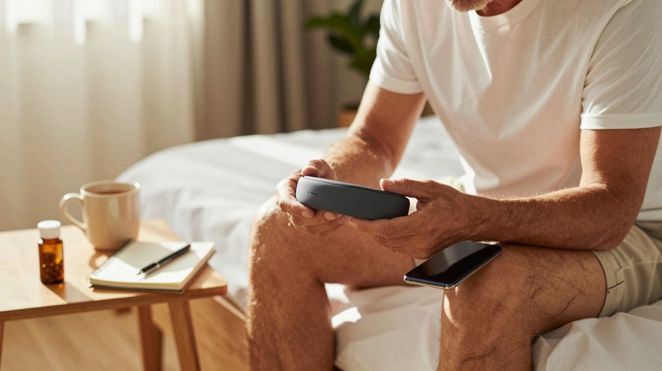 Homem sentado na cama, segurando um dispositivo eletrônico, com um celular ao lado e uma mesa com remédios e caderno.