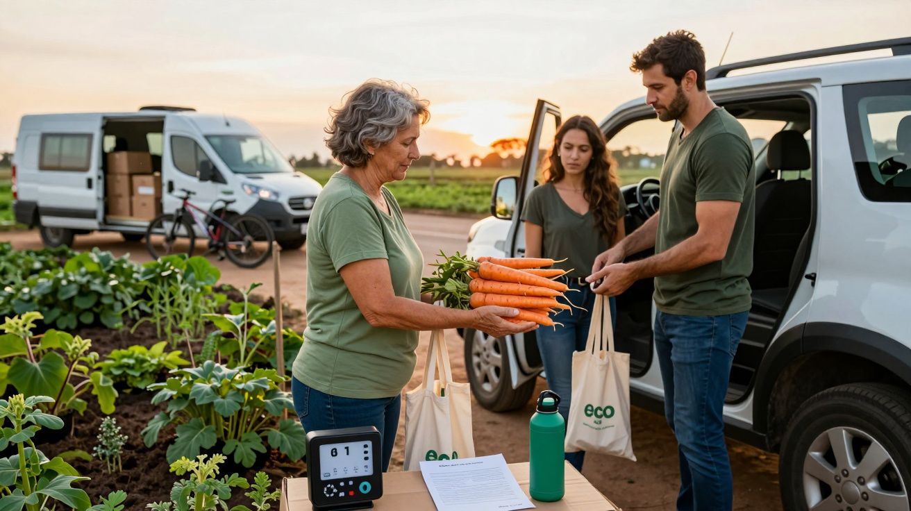 Pessoas em uma fazenda trocando cenouras, ao lado de carros com sacolas ecológicas, ao pôr do sol.