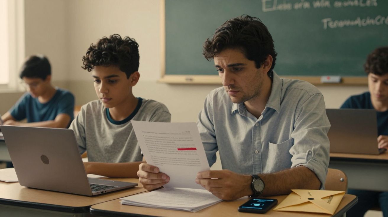 Homem e garoto estudam juntos em sala de aula, cercados por laptops e documentos; ao fundo, lousa com anotações.