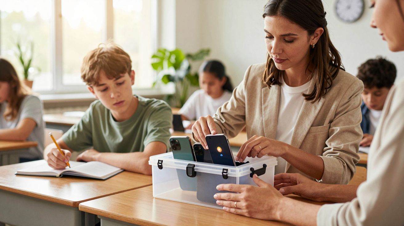 Professora coloca celulares em caixa plástica na sala de aula enquanto aluno escreve em caderno ao lado.