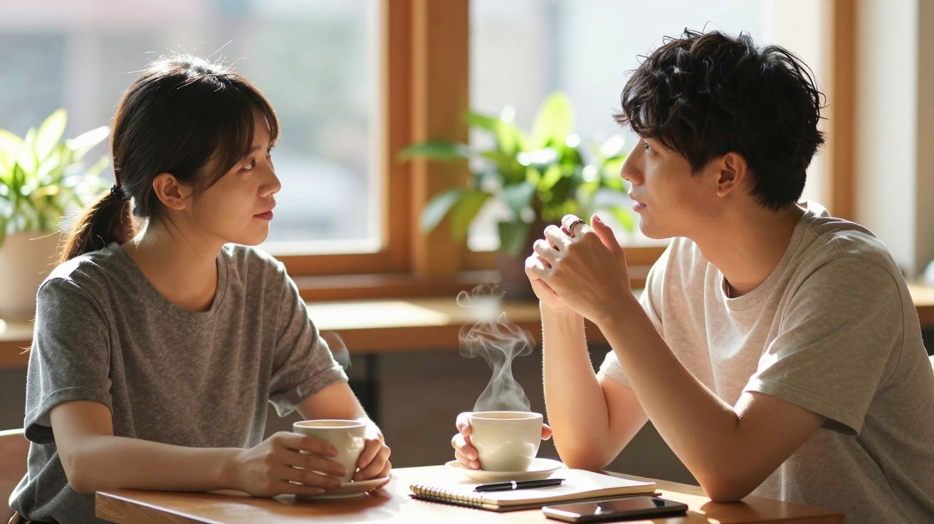 Duas pessoas conversando em um café, segurando xícaras de café, com plantas ao fundo em um ambiente bem iluminado.