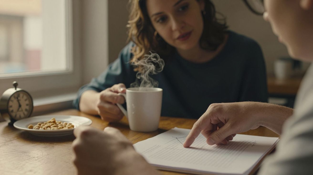 Mulher tomando café enquanto homem aponta para documentos em uma mesa. relógio e prato de biscoitos ao fundo.