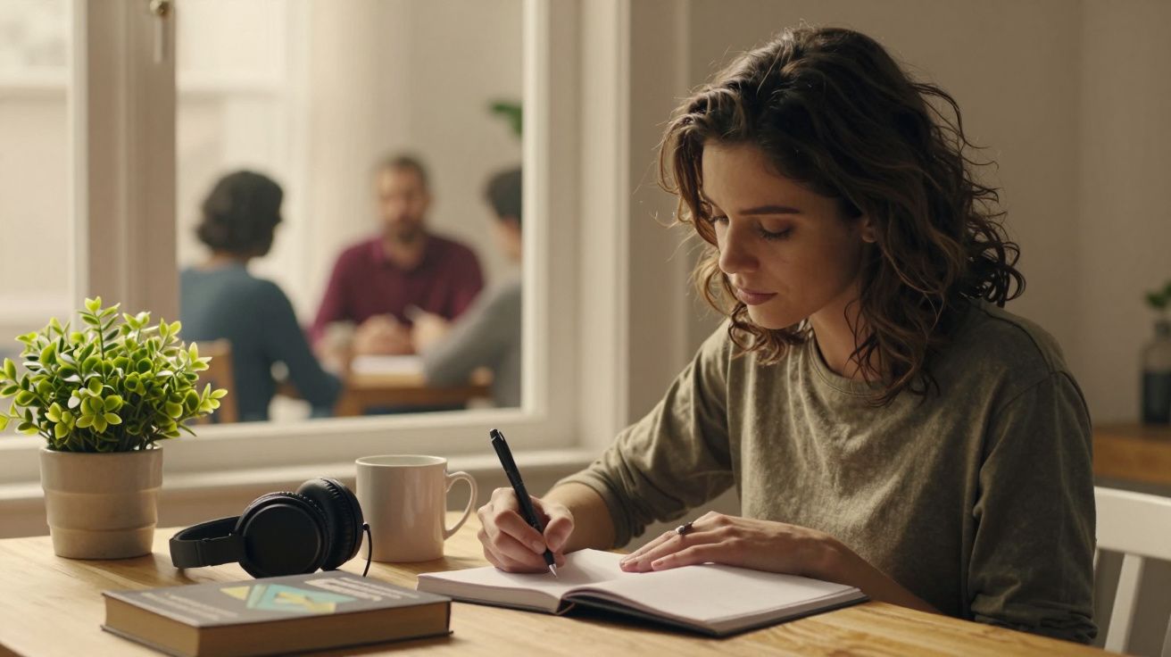 Mulher escrevendo em caderno em uma mesa, com fone de ouvido e caneca, enquanto outras pessoas conversam ao fundo.