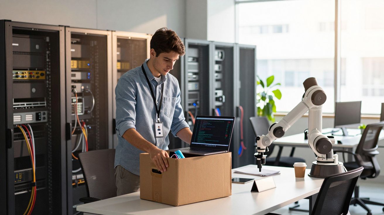 Homem em escritório de TI, desembrulha objetos de caixa ao lado de laptop e braço robótico, com servidores ao fundo.