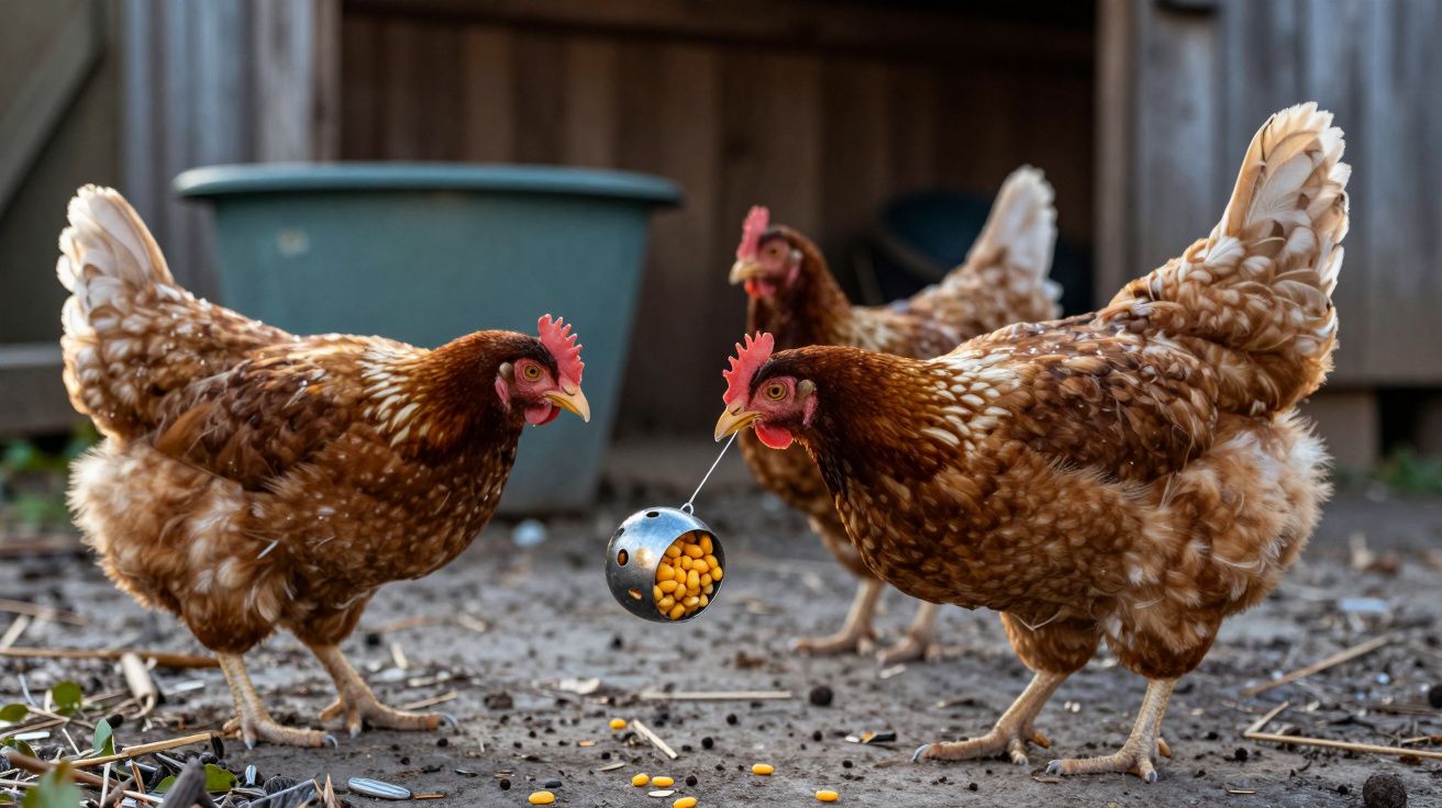Três galinhas marrons bicando milho de uma concha no chão de um galinheiro.
