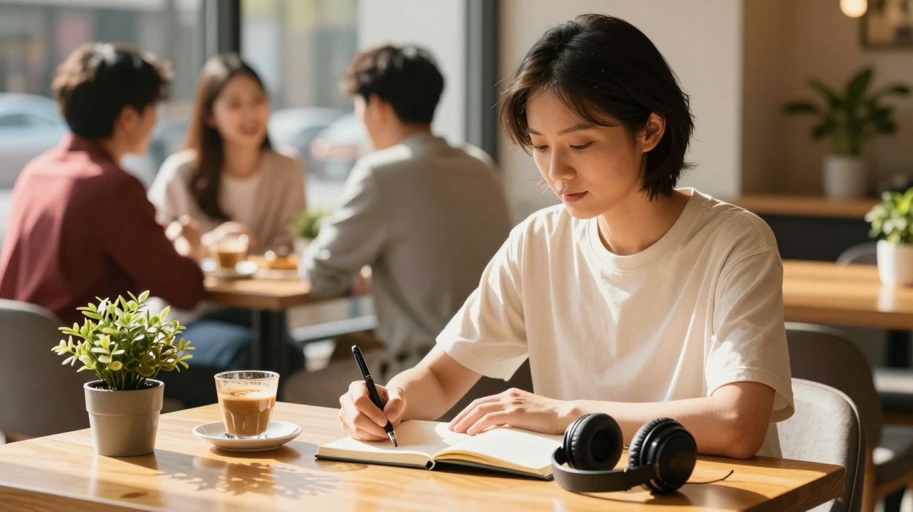 Pessoa escrevendo em caderno em um café, com fones de ouvido e café na mesa, e pessoas conversando ao fundo.