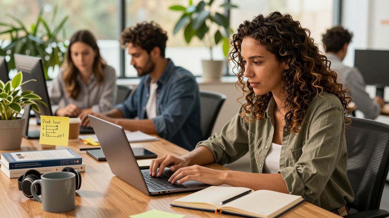 Mulher concentrada trabalhando em laptop em escritório, com bloquinho e fone de ouvido sobre a mesa. Pessoas ao fundo.