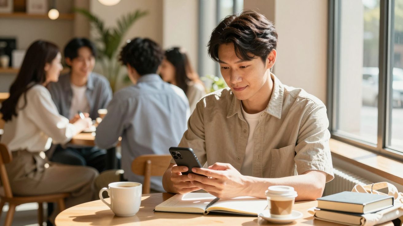 Homem em café usando smartphone, com caderno, xícara de café e grupo de amigos ao fundo.