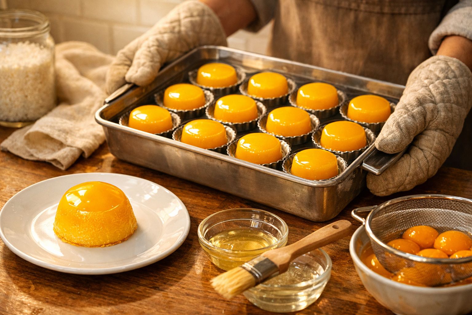 Pessoa desenformando quindim sobre prato branco em uma cozinha.