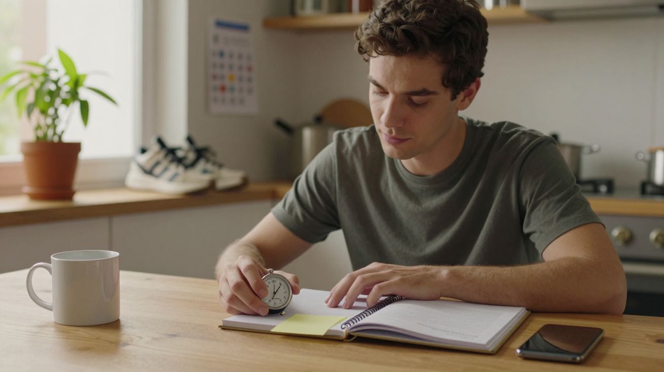 Homem sentado à mesa olhando para um despertador, com livro aberto, celular e caneca ao lado, em cozinha iluminada.