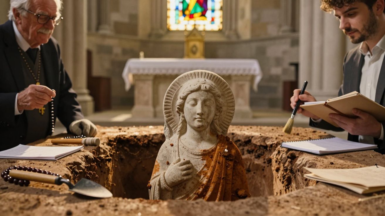 Arqueólogos examinando escultura de santa parcialmente enterrada em uma igreja com mesa ao fundo e ferramentas ao redor.
