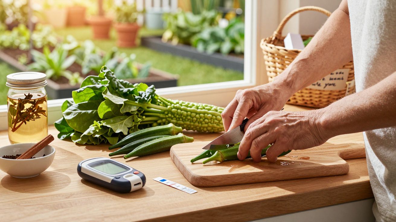 Pessoa corta quiabo em tábua de cozinha, ao lado de legumes frescos, cesta e medidor de glicose. Fundo com horta ensolarada.