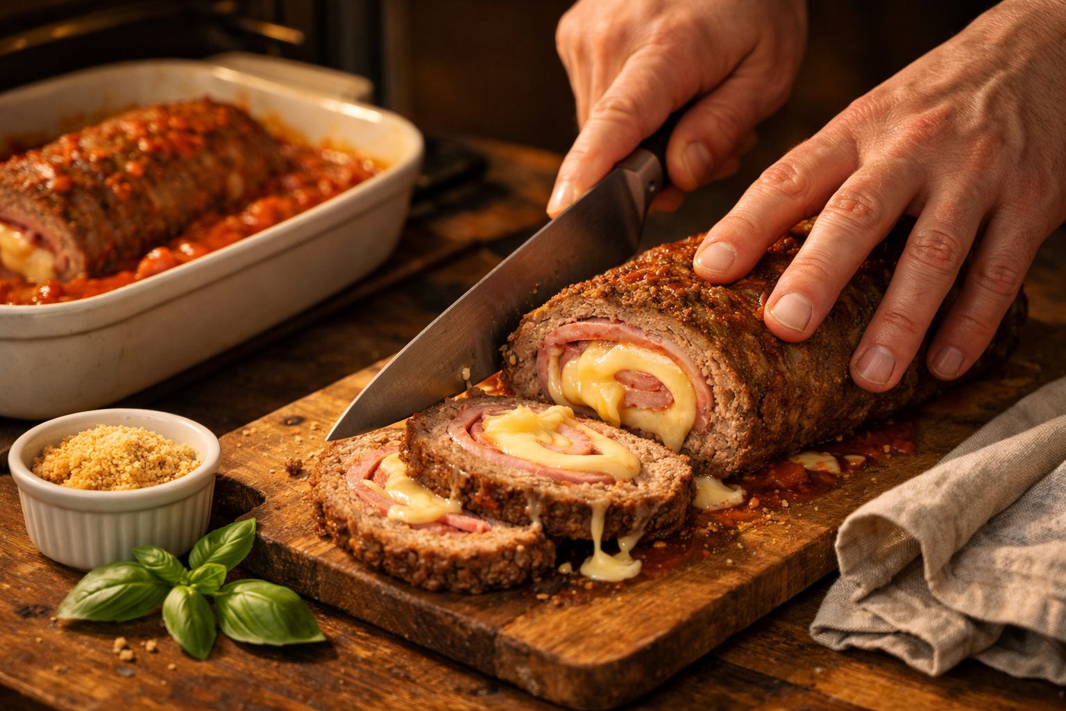 Mãos cortando rocambole de carne recheado com queijo e presunto, em táboa de madeira, com prato e ervas ao fundo.