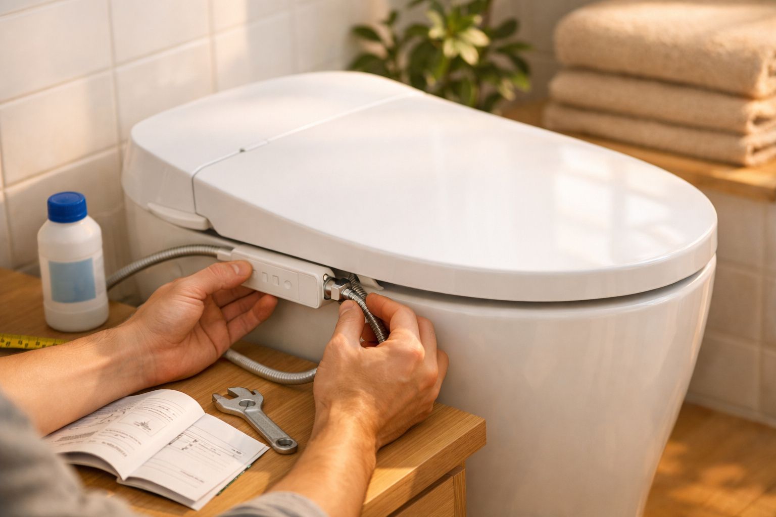 Pessoa instala controle remoto em um banheiro com vaso sanitário eletrônico e acessórios sobre pia de madeira.