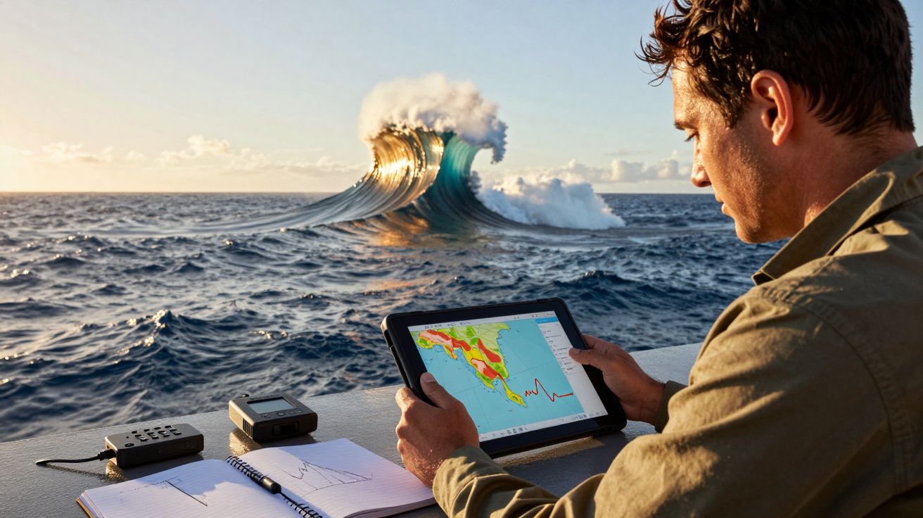 Homem analisa dados em tablet à beira do mar, com grande onda ao fundo.