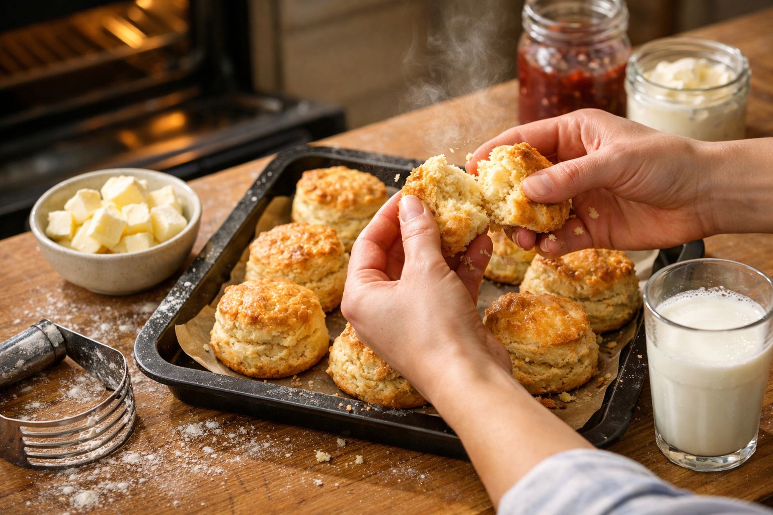 Mãos partem um pãozinho; ao lado, pão com manteiga, geleia e leite sobre mesa de madeira.