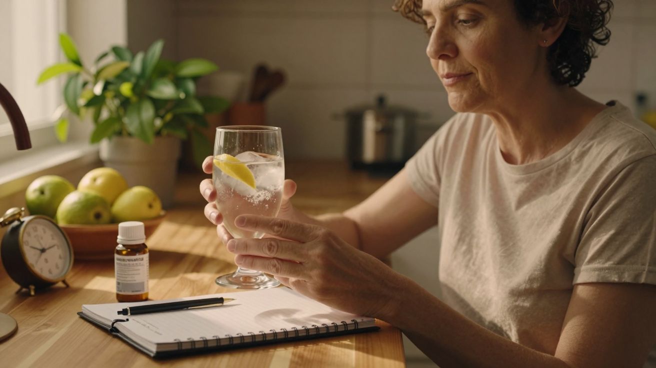 Mulher segura copo de água com limão em mesa de cozinha. Bloco de notas, caneta e comprimido ao lado.