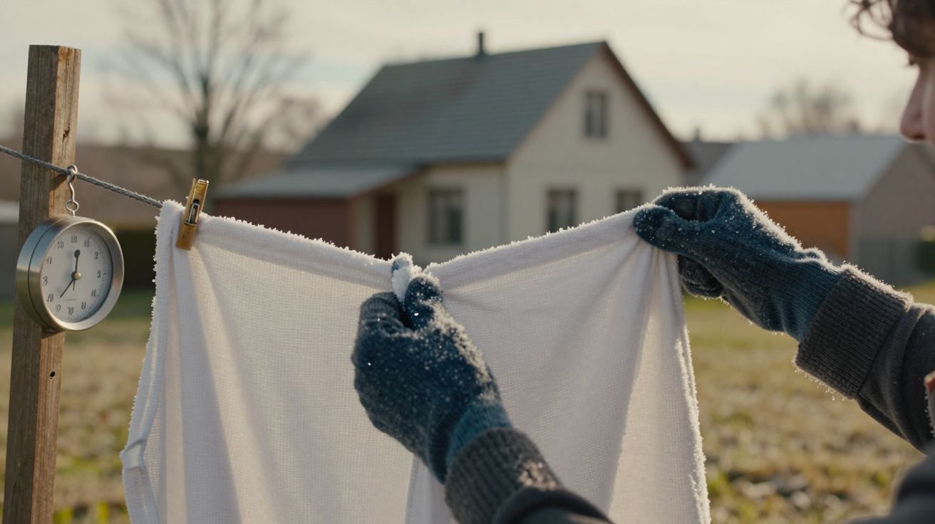 Mãos com luvas seguram um lençol congelado em varal, com casa ao fundo e termômetro marcando temperatura baixa.