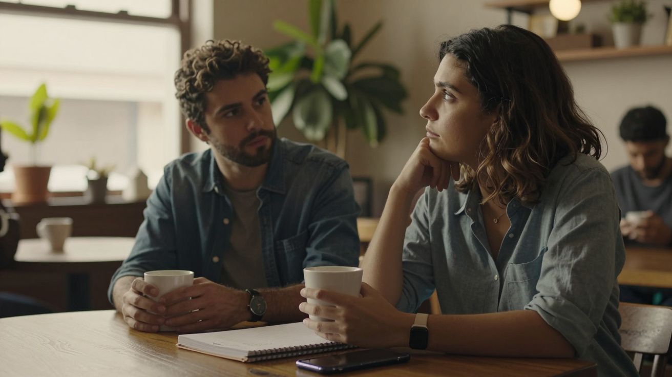 Dois jovens tomando café em uma cafeteria, conversando em uma mesa de madeira com plantas ao fundo.