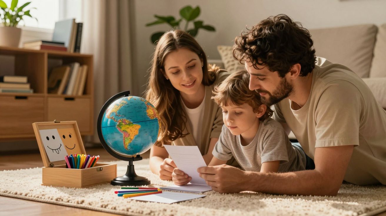 Família deitada no chão, olhando papéis, com globo terrestre e lápis coloridos sobre o tapete.