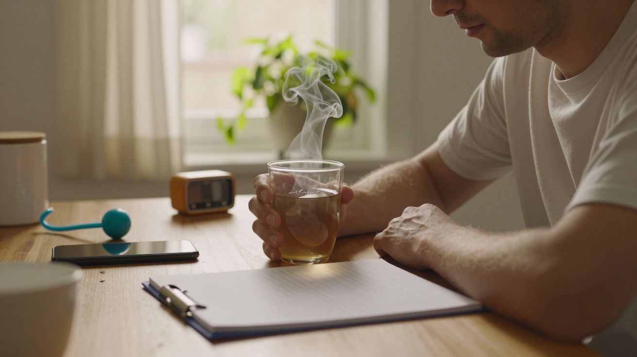 Homem segurando uma xícara de chá quente em uma mesa com bloco de notas, celular e balão azul, ao lado de uma janela.