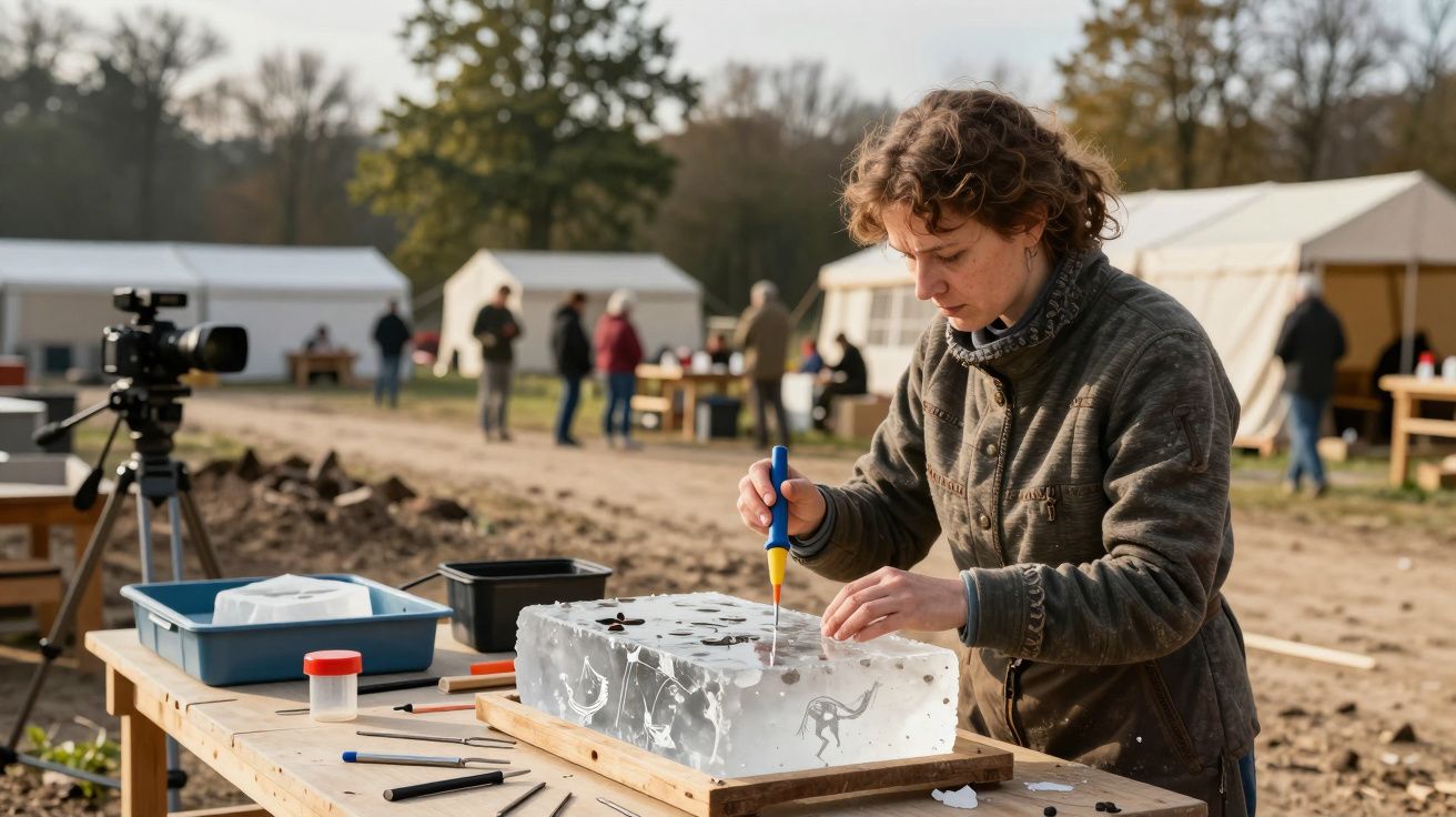Pessoa trabalha em bloco de gelo esculpido ao ar livre, cercada por tendas e mesas com materiais de trabalho.