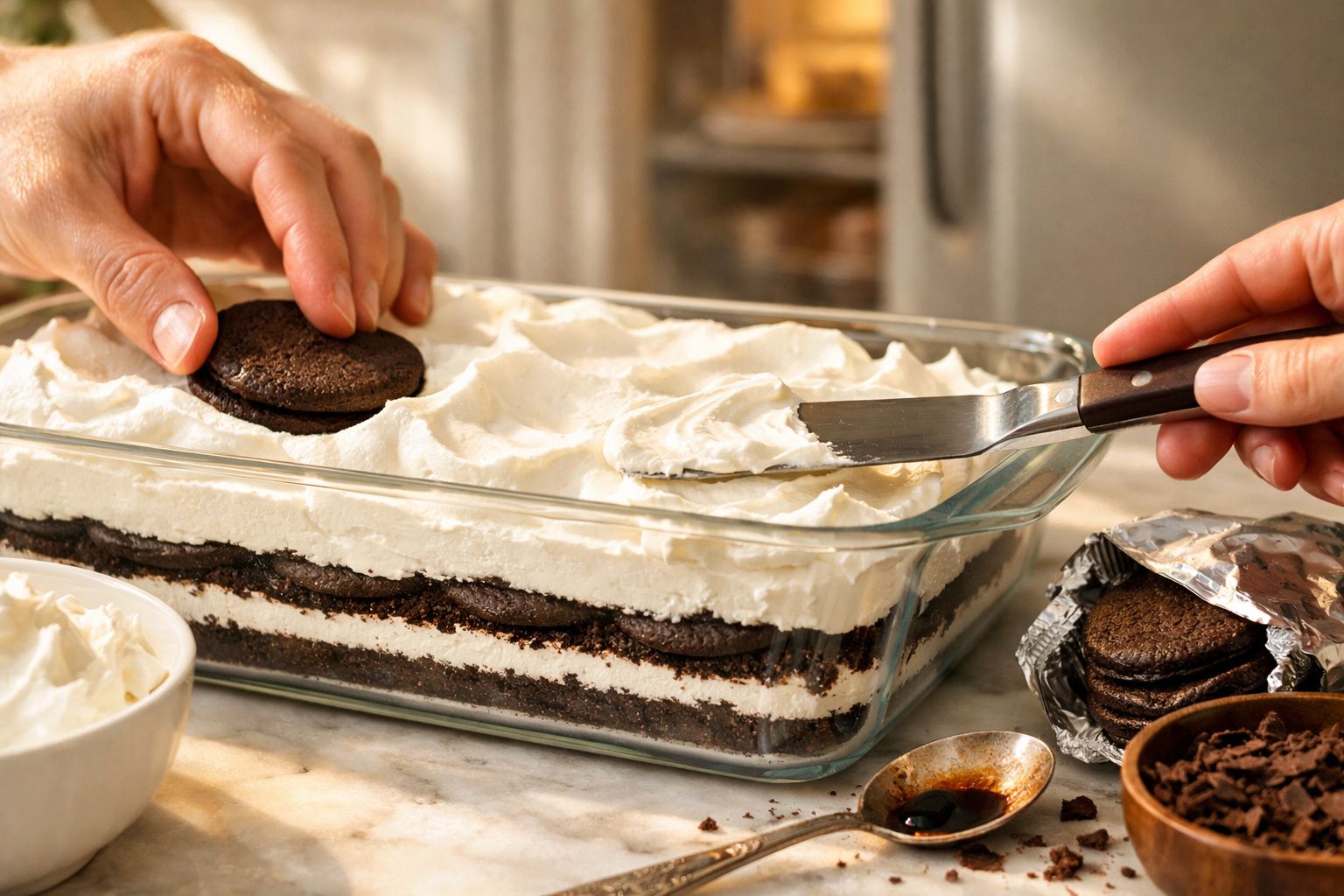 Mãos finalizando sobremesa de biscoito e creme em travessa de vidro; biscoitos e cacau ao fundo.