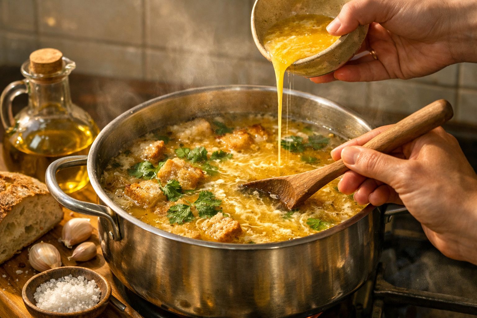 Mãos quebrando ovo em sopa fumegante em tigela de barro; ao lado, fatias de pão e outra tigela de sopa com ervas.