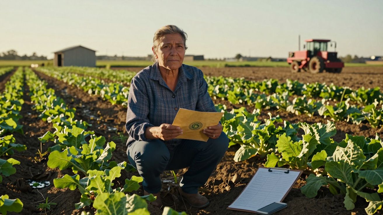 Homem ajoelhado em plantação, segurando envelope; trator vermelho ao fundo, prancheta no solo.