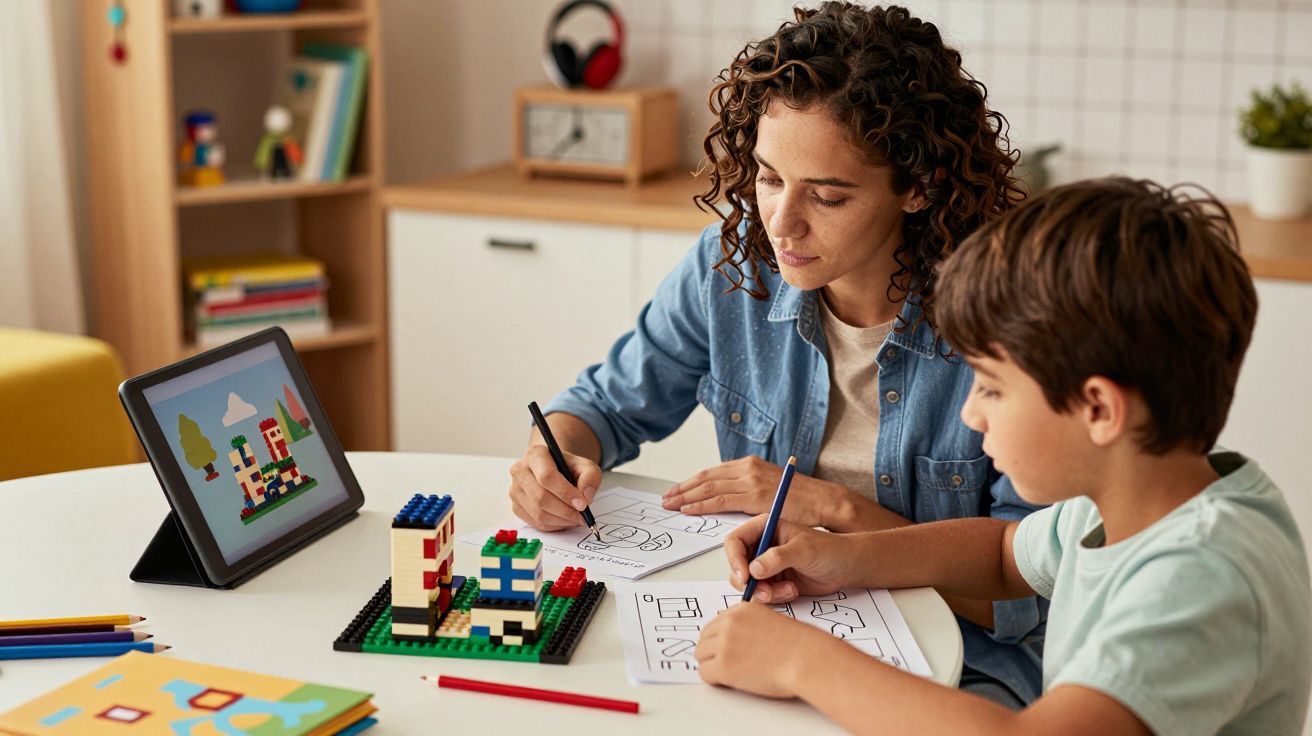 Mulher e menino desenham juntos, com peças de brinquedo e tablet com instruções sobre a mesa.