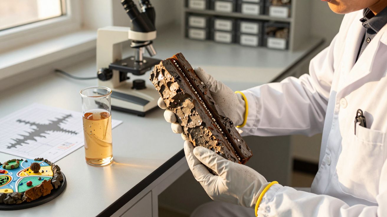 Cientista em laboratório observa amostra de solo em mão, com microscópio ao fundo e gráfico na bancada.