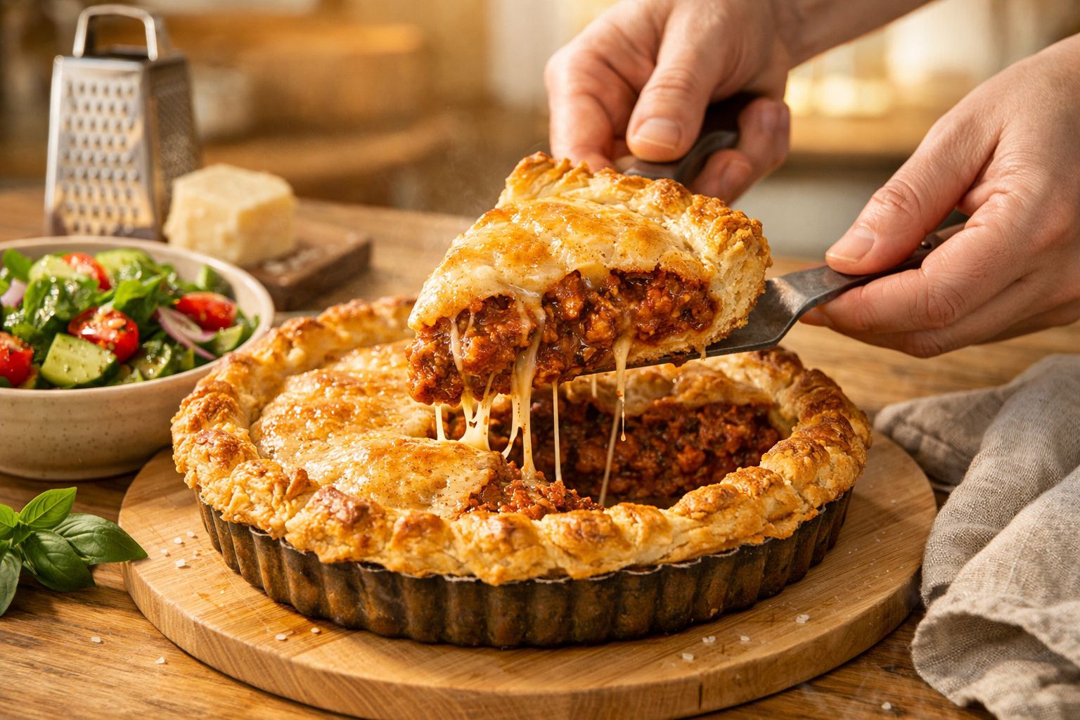 Torta de carne com queijo e massa dourada sendo servida, ao lado de uma salada colorida em um prato.