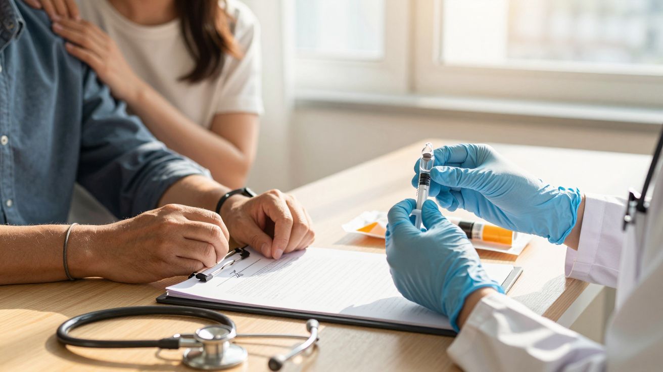 Médico mostra seringa a paciente sentado com mãos sobre mesa, estetoscópio e prancheta ao lado.