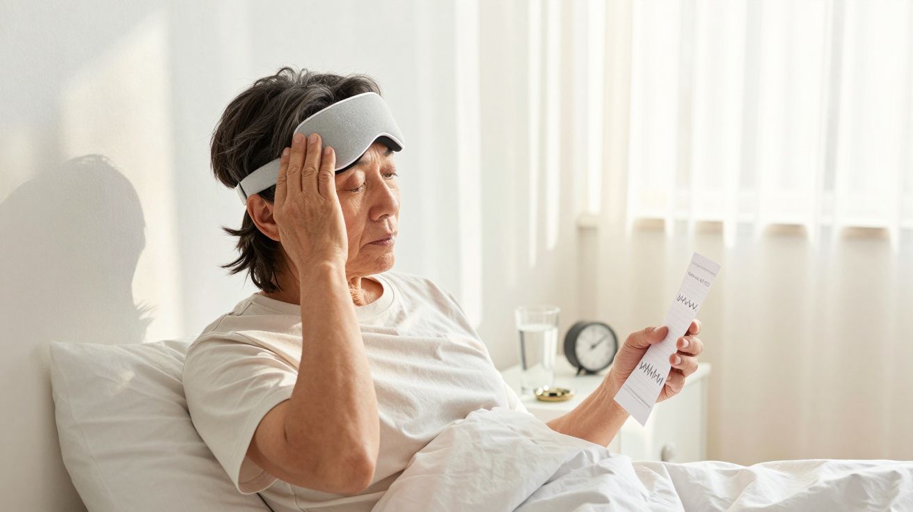Pessoa na cama com faixa na cabeça, olhando para um papel, aparentando dor ou desconforto.